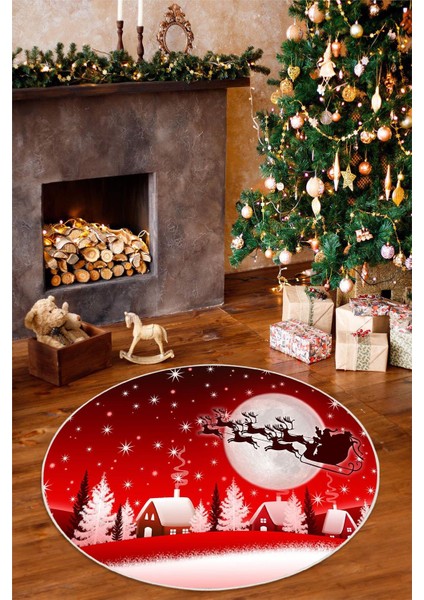 Dijital Baskılı Yıkanabilir Yılbaşı Temalı Kırmızı Geyik Desenli Yuvarlak Halı