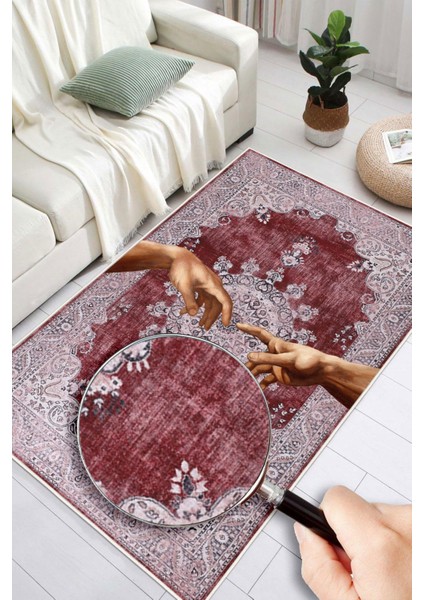Yıkanabilir Modern Sanat Desenli Bordo Dijital Baskı Halı