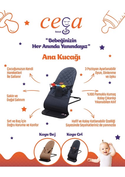 Bebek Anakucağı - KADEMELİ-SALLANIR - KOYU GRİ - BABY BOUNCER-Oyuncak aparatı hediyelidir. fırsatları