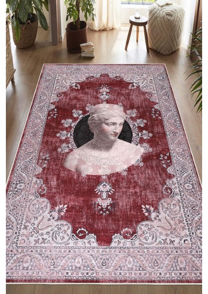 Antik Büst Desenli Bordo Kaymaz Taban Yıkanabilir Halı