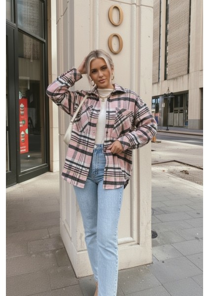 Kadın Oversize Ekose Dokuma Gömlek Ceket– Pembe
