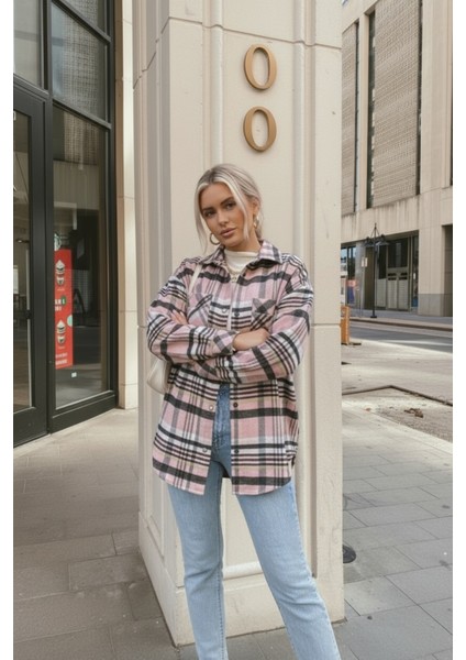 Kadın Oversize Ekose Dokuma Gömlek Ceket– Pembe fiyatları