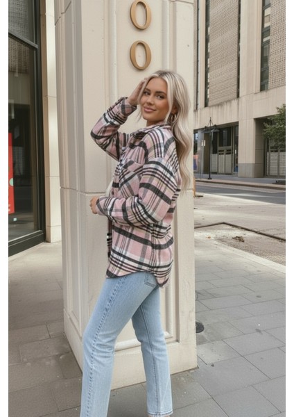 Kadın Oversize Ekose Dokuma Gömlek Ceket– Pembe modelleri