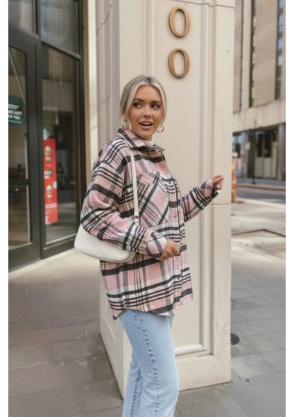Kadın Oversize Ekose Dokuma Gömlek Ceket– Pembe fırsatları