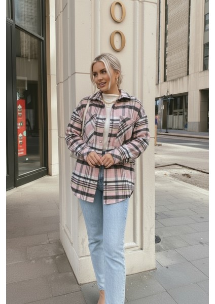 Kadın Oversize Ekose Dokuma Gömlek Ceket– Pembe indirimleri