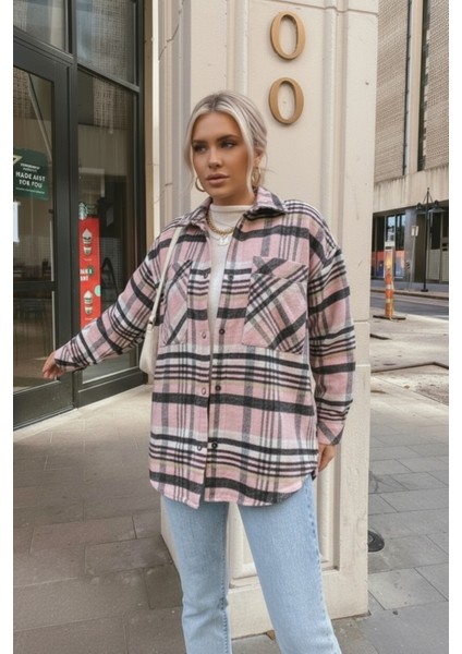 Kadın Oversize Ekose Dokuma Gömlek Ceket– Pembe