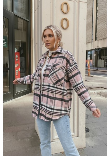 Kadın Oversize Ekose Dokuma Gömlek Ceket– Pembe