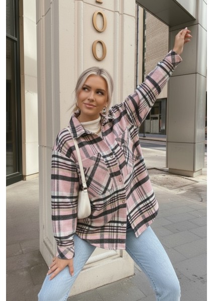 Kadın Oversize Ekose Dokuma Gömlek Ceket– Pembe