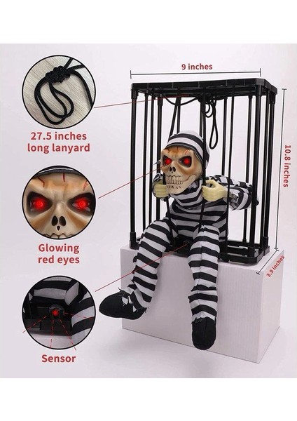 Hareketli Sesli Sensörlü Mahkum Görünümlü Kuru Kafa Iskelet Dekorasyon 22X27 cm