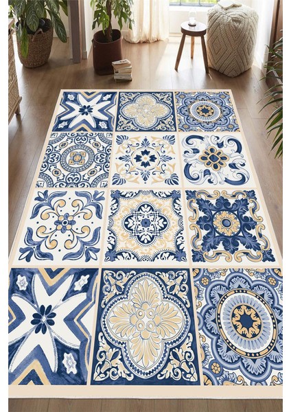 Dijital Baskılı Mavi Çini Desenli Kaymaz Taban Yıkanabilir Halı