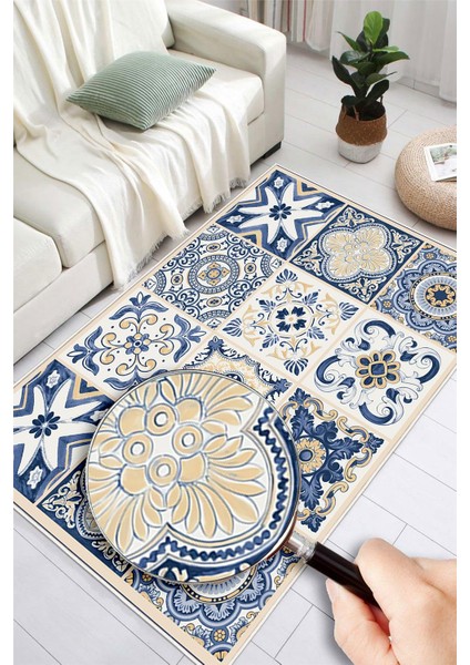 Dijital Baskılı Mavi Çini Desenli Kaymaz Taban Yıkanabilir Halı modelleri