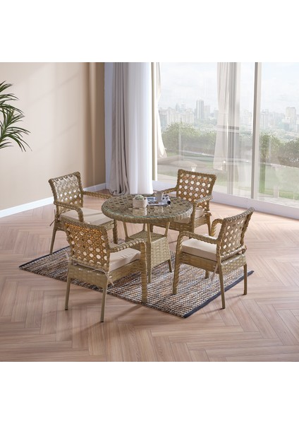 Ayaz 4 Kişilik Rattan Bahçe Balkon Mutfak Masa Takımı Cappuccino