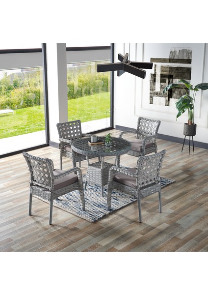 Ayaz 4 Kişilik Rattan Bahçe Balkon Mutfak Masa Takımı Açık Gri