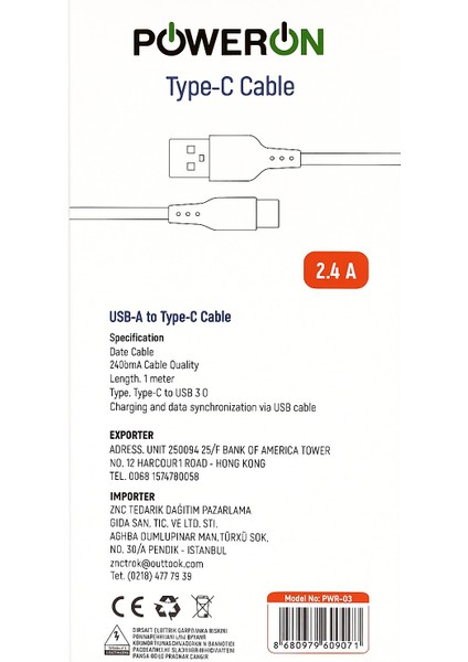 Poweron Usb-A To Type-C 2.4A Şarj Kablosu Günlük Enerjine Güç Kat fiyatları
