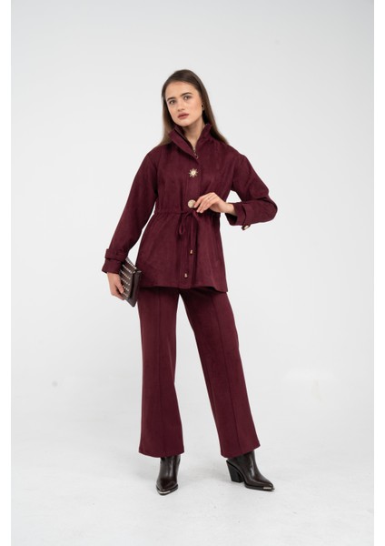 Süet Dokulu Altın Düğmeli Kuşaklı Kadın Takım 1757 indirimleri