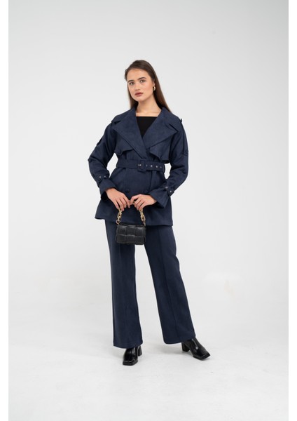 Kuşaklı Çift Düğmeli Süet Dokulu Kadın Takım 1761