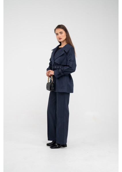 Kuşaklı Çift Düğmeli Süet Dokulu Kadın Takım 1761 modelleri