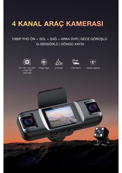 4 Kameralı Wifi Özellikli Araç Kamerası - Geri Görüş - G Sensör - Ses Kayıt- Gece Görüş