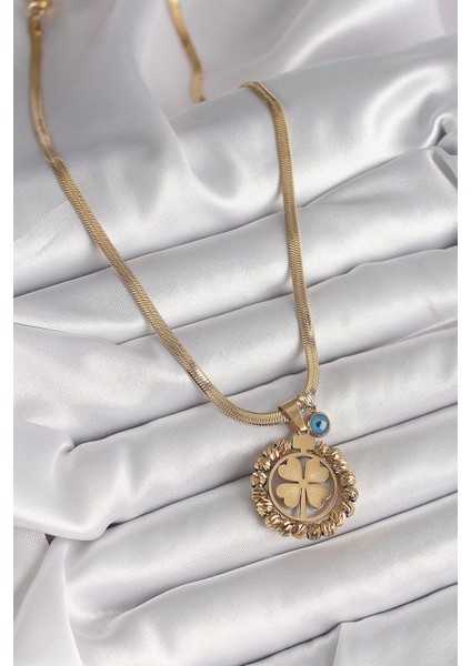 316L Çelik Gold Renk İtalyan Zincir Dorika Yonca Model Nazar Boncuk Detay Kadın Kolye fiyatları