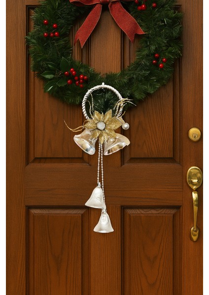 30 cm Gümüş Halkalı Çanlı Çiçekli Yılbaşı Kapı Süsü – Asmalı Dekor