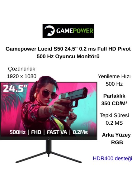 Lucid S50 24.5'' 0.2 Ms Full Hd Pivot 500 Hz Oyuncu Monitörü