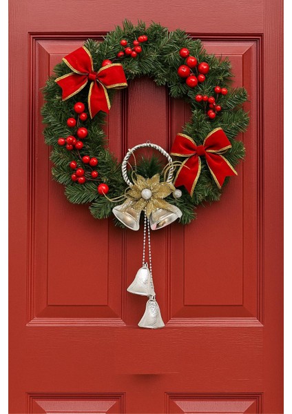 30 cm Gümüş Halkalı Çanlı Çiçekli Yılbaşı Kapı Süsü – Asmalı Dekor fırsatları