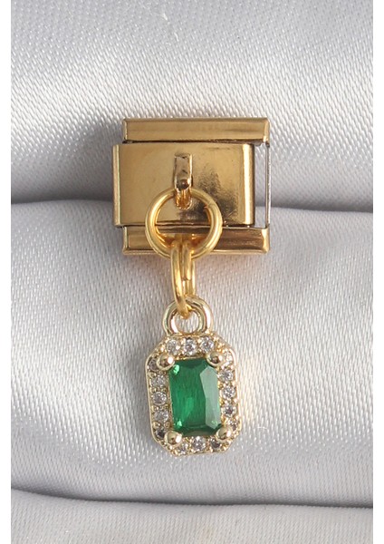 316L Çelik Gold Renk Sallantı Kare Yeşil Zirkon Taşlı Nomination Charm