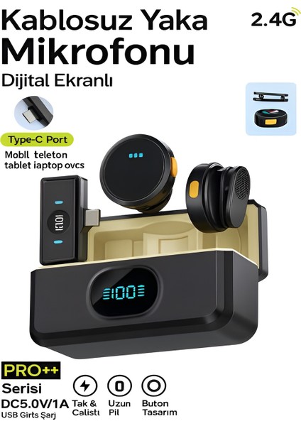 Type-C Girişli 300MAH Dijital Ekranlı 2.4g Kablosuz Çift Yaka Mikrofonu Pro++
