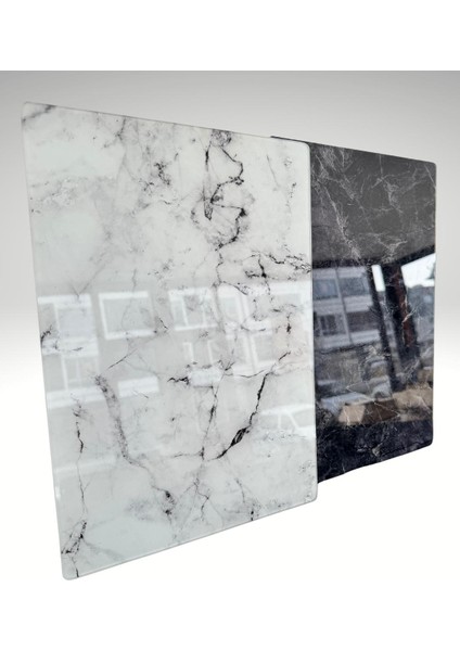 Mermer Desenli Cam Kesme Tahtası Beyaz