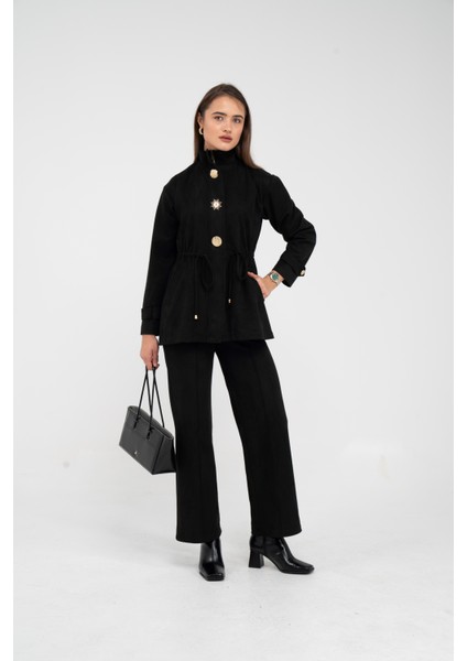 Süet Dokulu Altın Düğmeli Kuşaklı Kadın Takım 1757 modelleri