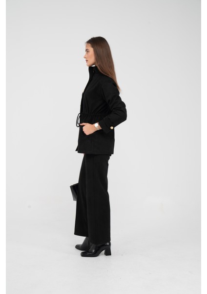 Süet Dokulu Altın Düğmeli Kuşaklı Kadın Takım 1757 indirimleri