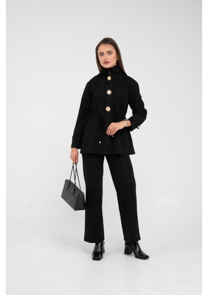 Süet Dokulu Altın Düğmeli Kuşaklı Kadın Takım 1757