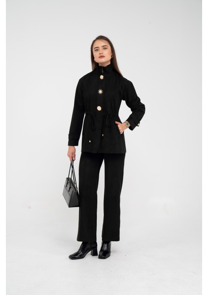 Süet Dokulu Altın Düğmeli Kuşaklı Kadın Takım 1757 fırsatları