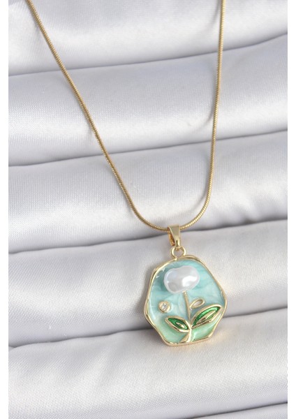 316L Çelik Gold Renk Zincir Mavi Çiçek Işlemeli Inci Işlemeli Portre Model Kadın Kolye