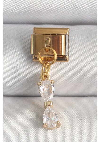 316L Çelik Gold Renk Sallantı Zirkon Taşlı Kurdele Model Nomination Charm