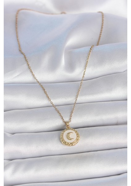 316L Çelik Gold Renk Zincir Beyaz Mineli Hilal İşlemeli Madalyon Model Kadın Kolye fiyatları