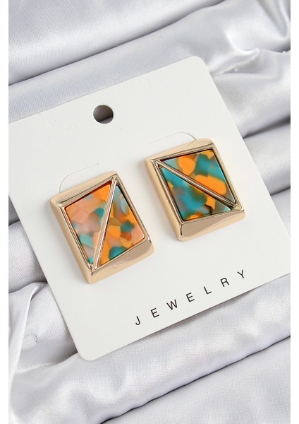 Pirinç Turuncu Yeşil Üçgen Kesim Detaylı Kare Model Vintage Gold Renk Kadın Küpe