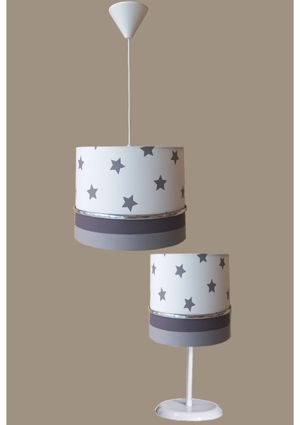 Beyaz Yıldızlı Gri 2.li Set M-784 Kumaş Kaplama Genç ve Çocuk Odası Avize ve Abajur Takımı