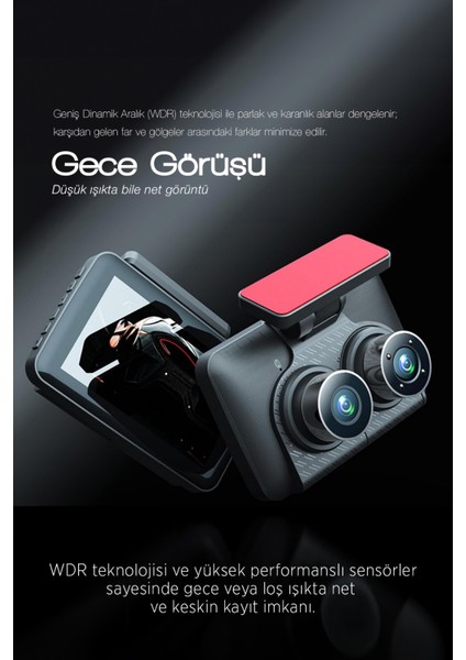 Kcr-6 3 Kanallı Full Hd 1080P Araç Kamerası | G-Sensör | Gece Görüş | Park Asistanı