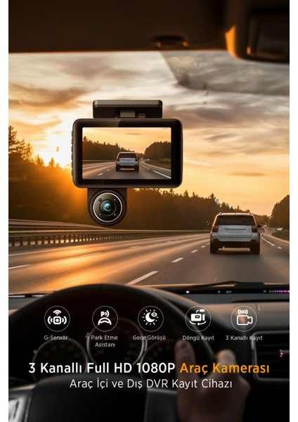 Kcr-6 3 Kanallı Full Hd 1080P Araç Kamerası | G-Sensör | Gece Görüş | Park Asistanı