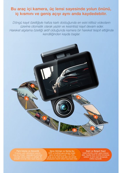 Kcr-6 3 Kanallı Full Hd 1080P Araç Kamerası | G-Sensör | Gece Görüş | Park Asistanı