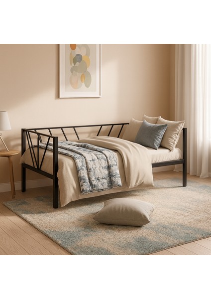 Alchera Daybed Tek Kişilik Sedir Divan Metal Karyola Siyah