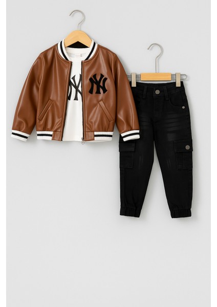 Çocuk Deri Görünümlü Ceket & Baskılı Tişört & Kargo Pantolon 3’lü Kombin Takım modelleri