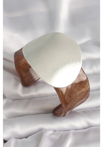 Kahverengi Mermer Desen Akrilik Plastik Gümüş Plaka Model Vintage Kadın Bilezik