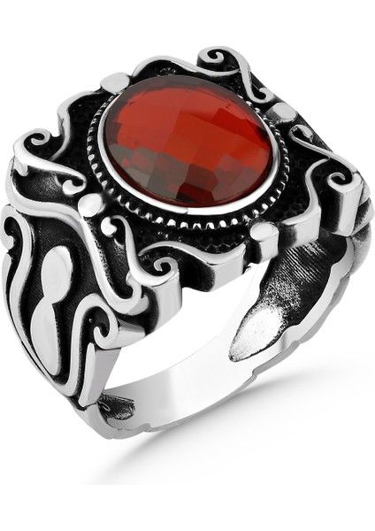 Zirkon Kırmızı Taşlı 925 Ayar Gümüş Erkek Yüzük fiyatları