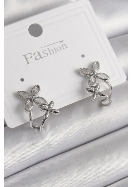 Pirinç Gümüş Renk Zirkon Taşlı 2'Li Çiçek Model Kadın Küpe