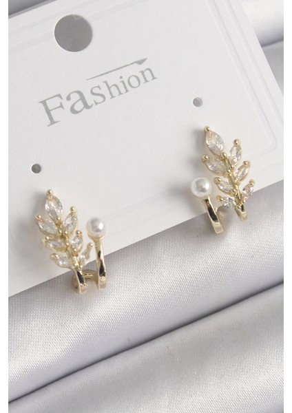 Pirinç Gold Renk Zirkon Taşlı Yaprak Model Inci Detay Küpe