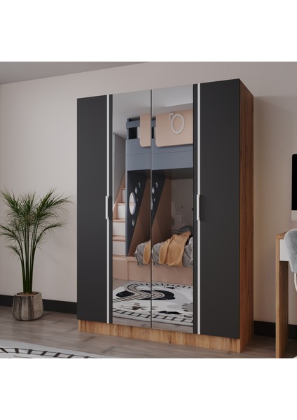 Piyano 4 Kapaklı Dolap Genç Odası-Çocuk Odası Gardırop Antrasit Meşe Aynalı
