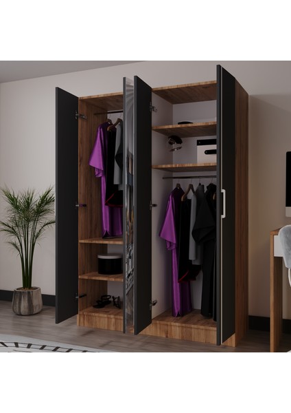 Piyano 4 Kapaklı Dolap Genç Odası-Çocuk Odası Gardırop Antrasit Meşe Aynalı fiyatları