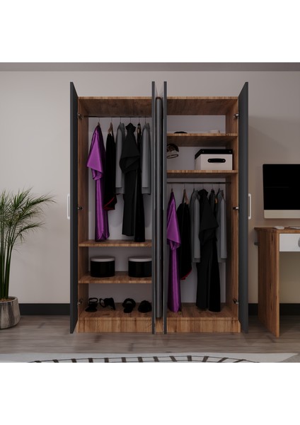 Piyano 4 Kapaklı Dolap Genç Odası-Çocuk Odası Gardırop Antrasit Meşe Aynalı fırsatları